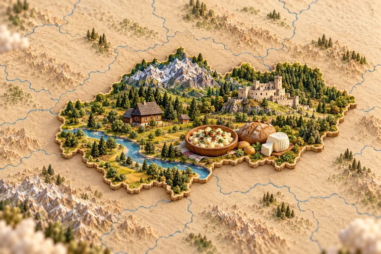 Slovaquie en relief dans son contexte géographique, avec Hautes Tatras, château de Spiš, maison en bois, Danube, bryndzové halušky, pain, fromage de brebis.