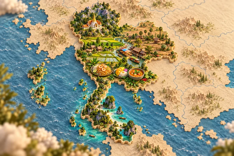 Relief map of Thailand in its geographic context, with Buddhist temple, market boat, rice field, coastal cliff, pad thai, mango sticky rice, curry.