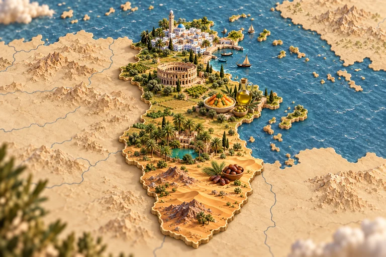 Relief map of Tunisia in its geographic context, with El Jem amphitheatre, medina, palm grove, Saharan oasis, couscous, olive oil, dates.