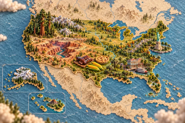 États-Unis en relief dans son contexte géographique, avec Grand Canyon, Statue de la Liberté, séquoias, architecture de La Nouvelle-Orléans, barbecue, tarte aux pommes, maïs.