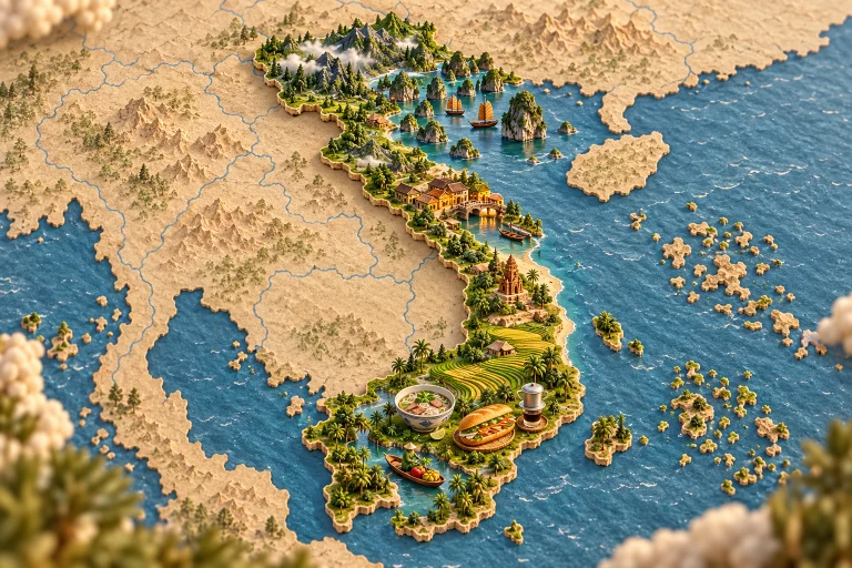 Viêt Nam en relief dans son contexte géographique, avec baie d’Ha Long, maisons de Hoi An, rizières, barque du Mékong, phở, bánh mì, café.