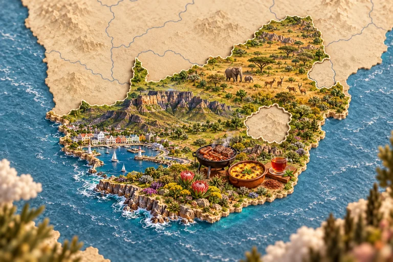 Relief map of South Africa in its geographic context, with Table Mountain, Cape architecture, fynbos, savannah, braai barbecue, bobotie, rooibos tea.
